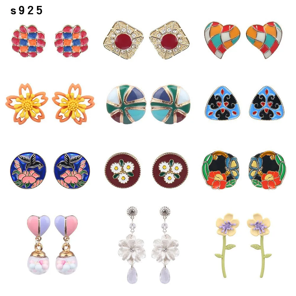 925 silver needle earrings, new temperament earrings, South Korea Dongdaemun flower glaze stud earrings, female wholesale