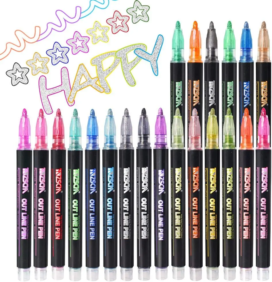 

12/24 Colors Super Squiggles Outline Metallic Markers Pens, Double Line Paint Markers Pens, for Christmas Greeting Cards, DIY