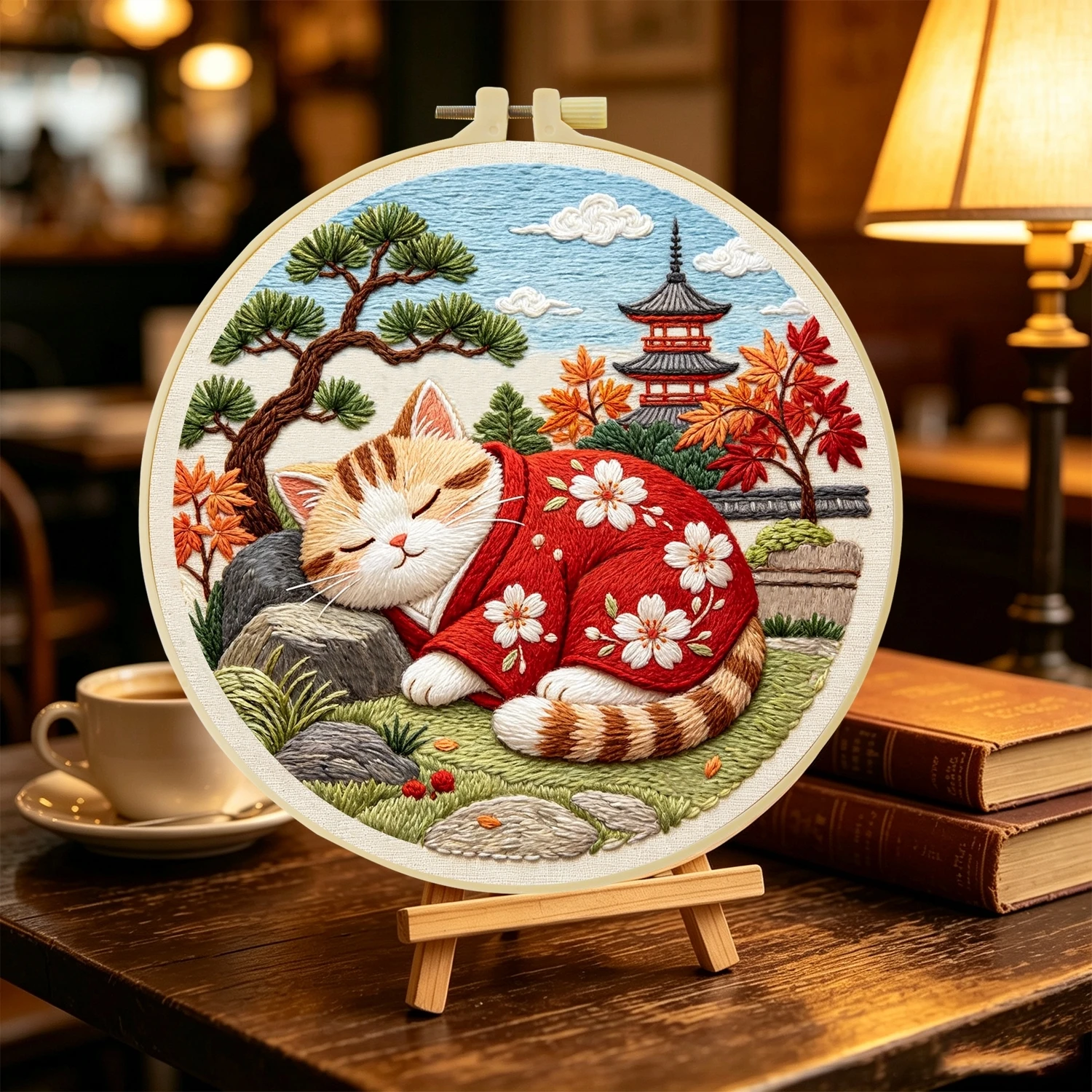 1 Set Kimono-Katzen-Pagode DIY-Stickerei-Set für Anfänger, Stick-Starter-Kit, Kreuzstich-Kunstgeschenk, Nadelarbeiten – Detail 4