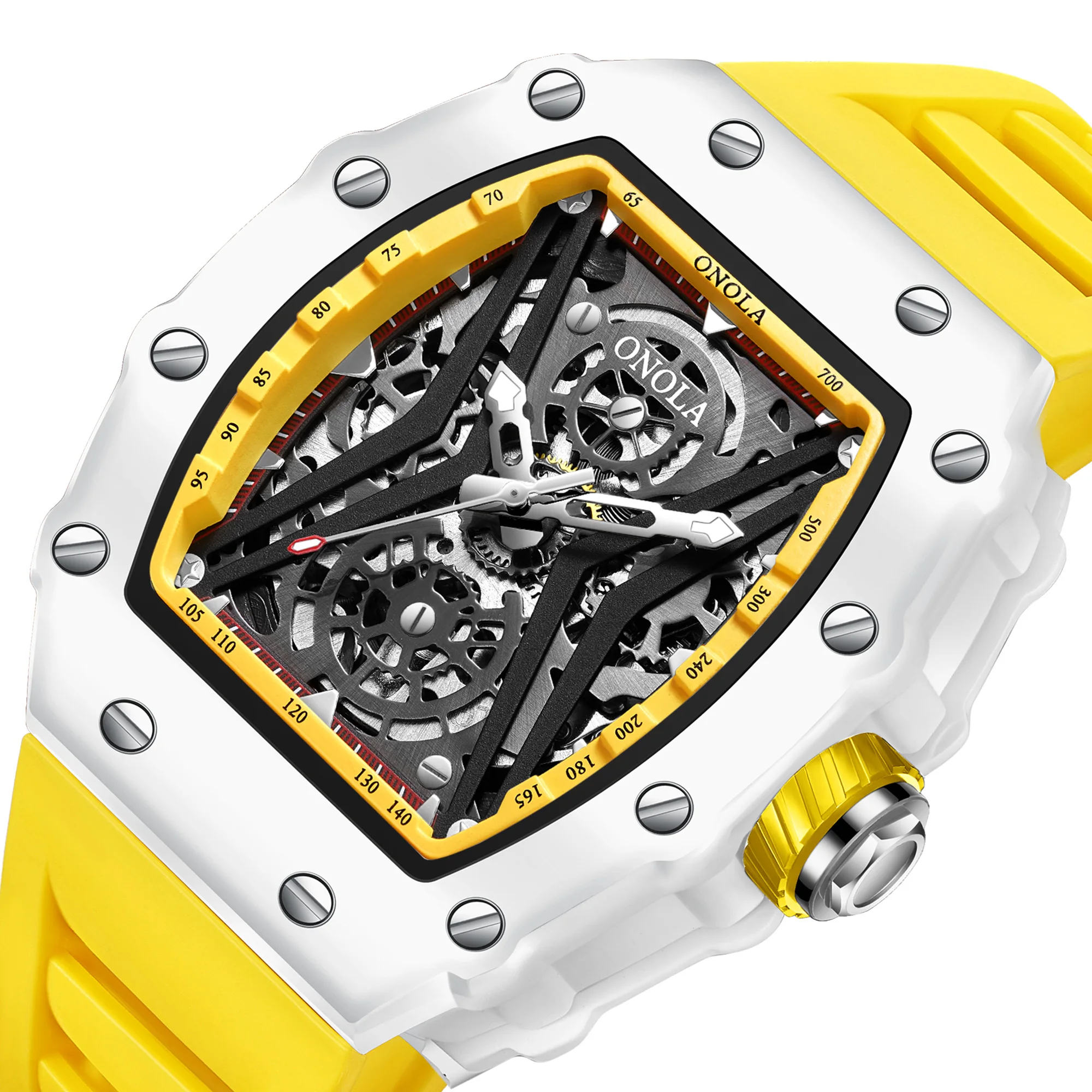 ONOLA 腕時計メンズレディースファッション腕時計自動正方形中空カジュアル防水透明メカニック腕時計