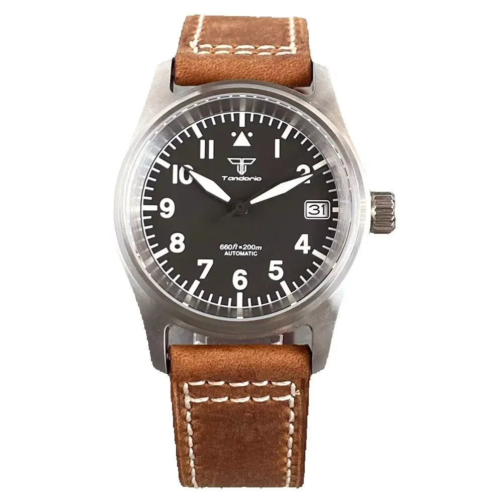 

Tandorio Black Classics Pilot 36mm 200m Waterproof Sapphire Crystal Glass Japan NH35A Automatic Mechanical Men Retro Watches