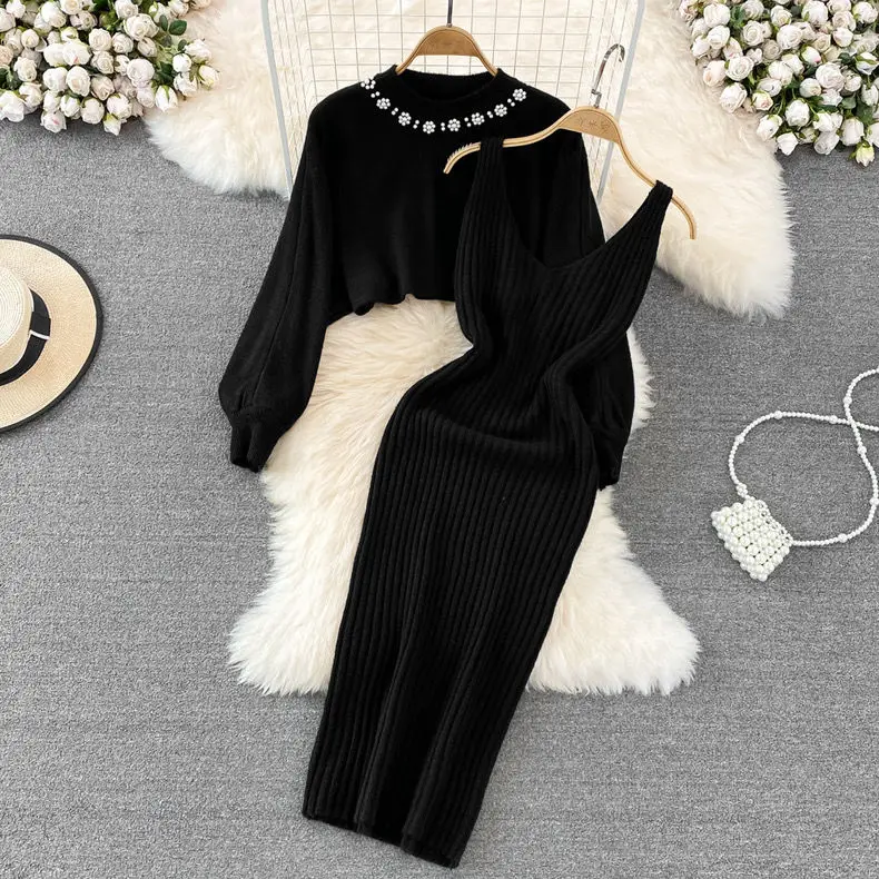 2-piece Suit Light Mature Clothes Celebrity Lady Vintage Loose Knitted Dress Celebrity Sweater for Women