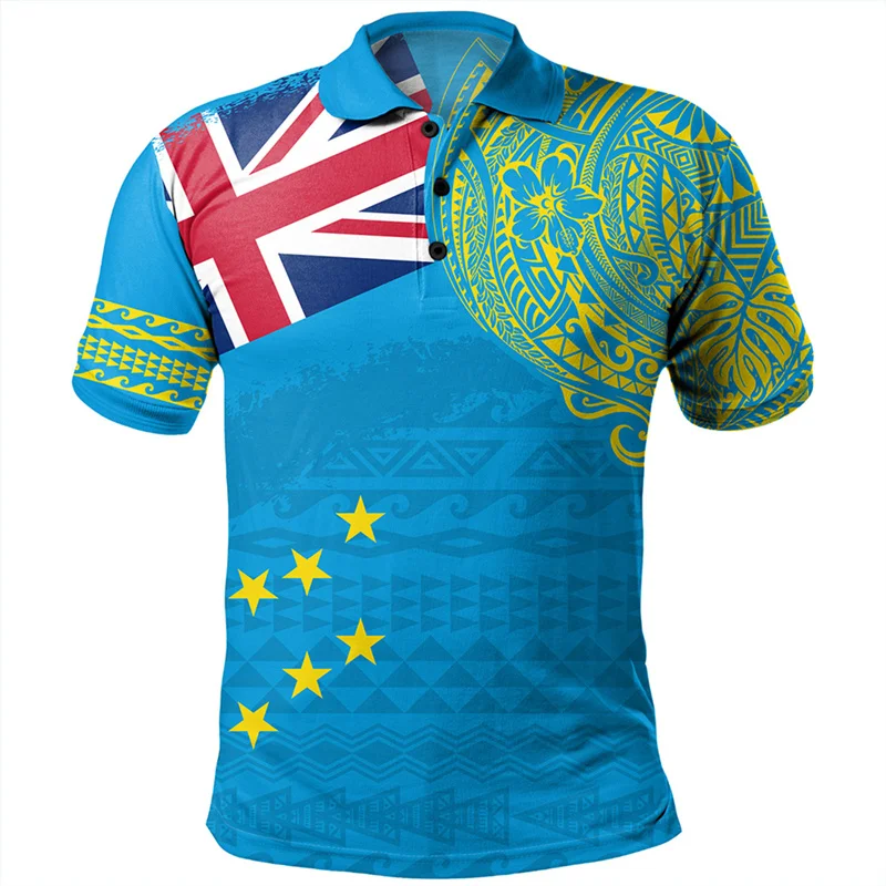 Fashion Tuvalu Polynesian Pattern Polo Shirt Men 3D Print Coat Of Arms Short Sleeves Tees Beach Button Hawaiian Lapel T Shirts