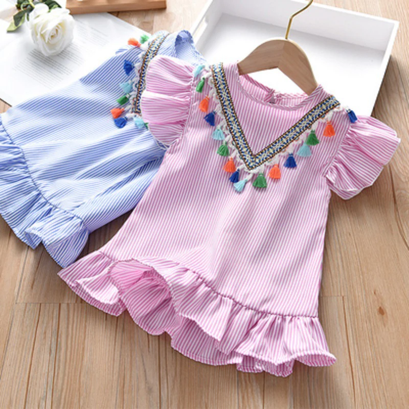 Girl Striped Puffy Dress Girl Summer Sweet Fishtail Princess Dress Exquisite Tassels Decor Petal Sleeves Design Casual Dress