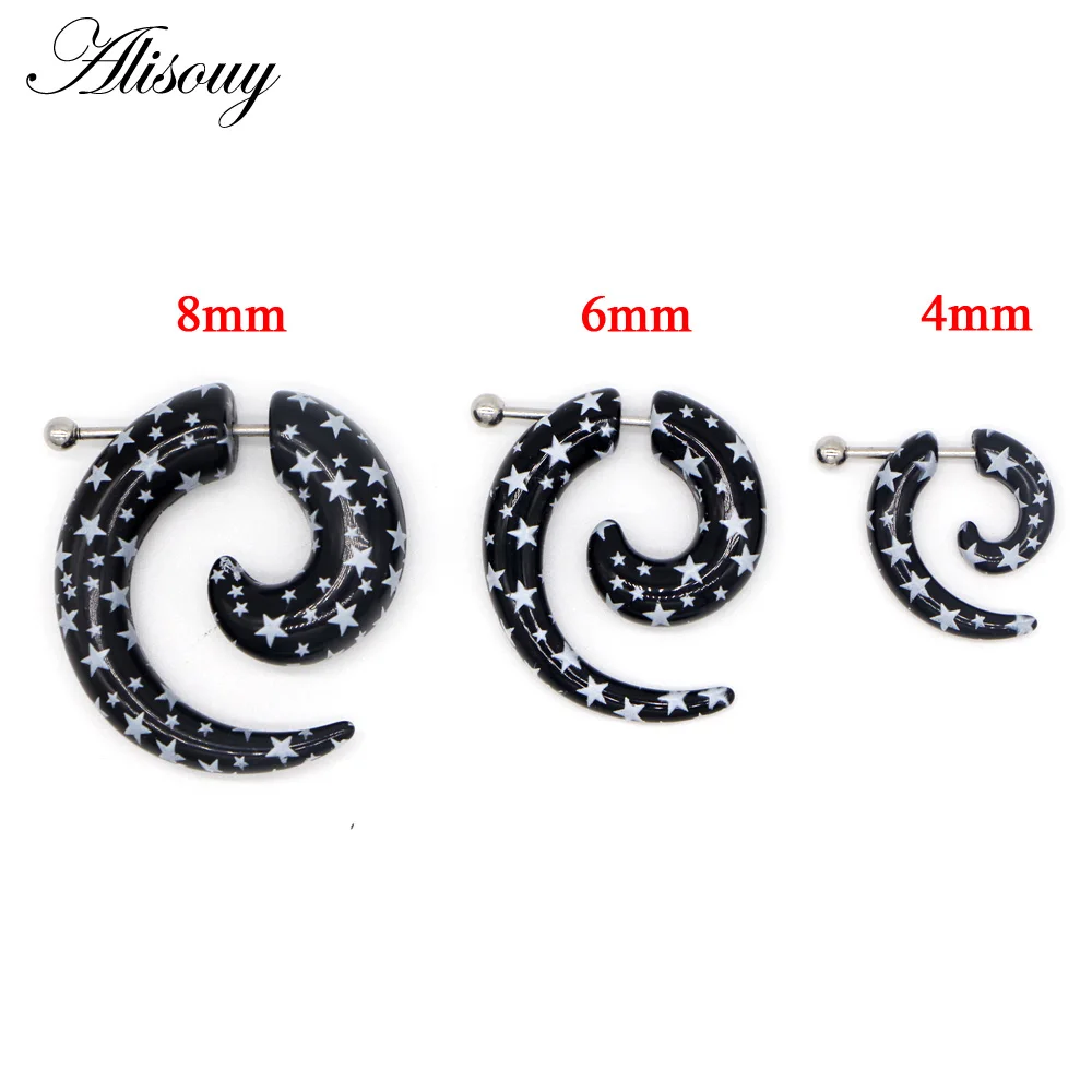 Alisouy 2 pieces Acrylic Spiral Gauge Ear Plug Fake Cheater Stretcher Flesh Earrings Piercing Leopard Flame Star Style earrings