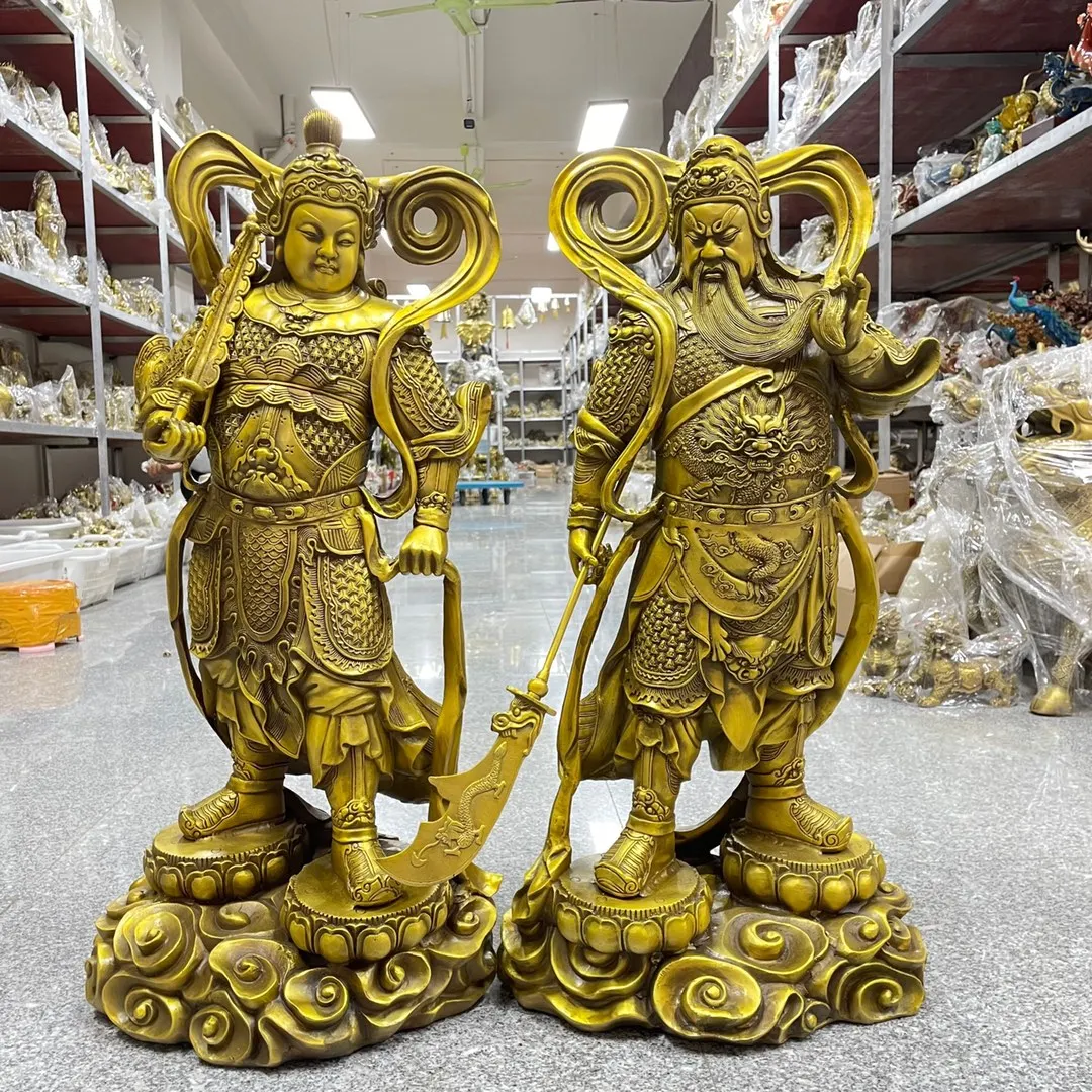 

27"Tibetan Temple Collection Old Brass Guan Yu Veda Bodhisattva Buddha God Protector Two Door Gods A Set Worship Hall