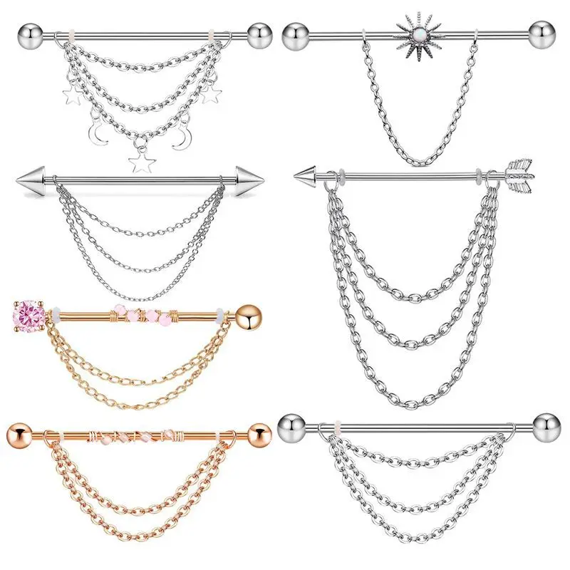 Fashion Stainless Steel Industrial Piercing Long Rod Chain Star Tragus Earrings Jewelry