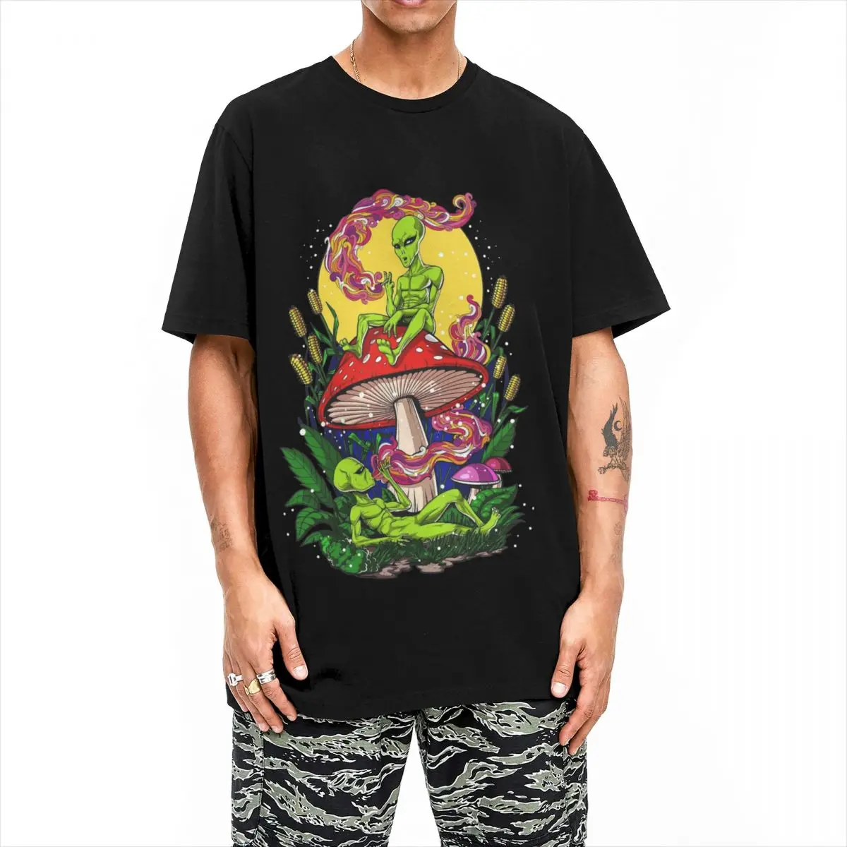 Magic Mushroom Aliens T Shirt Men Cotton Tops Shirts Retro Round Neck Short Sleeve