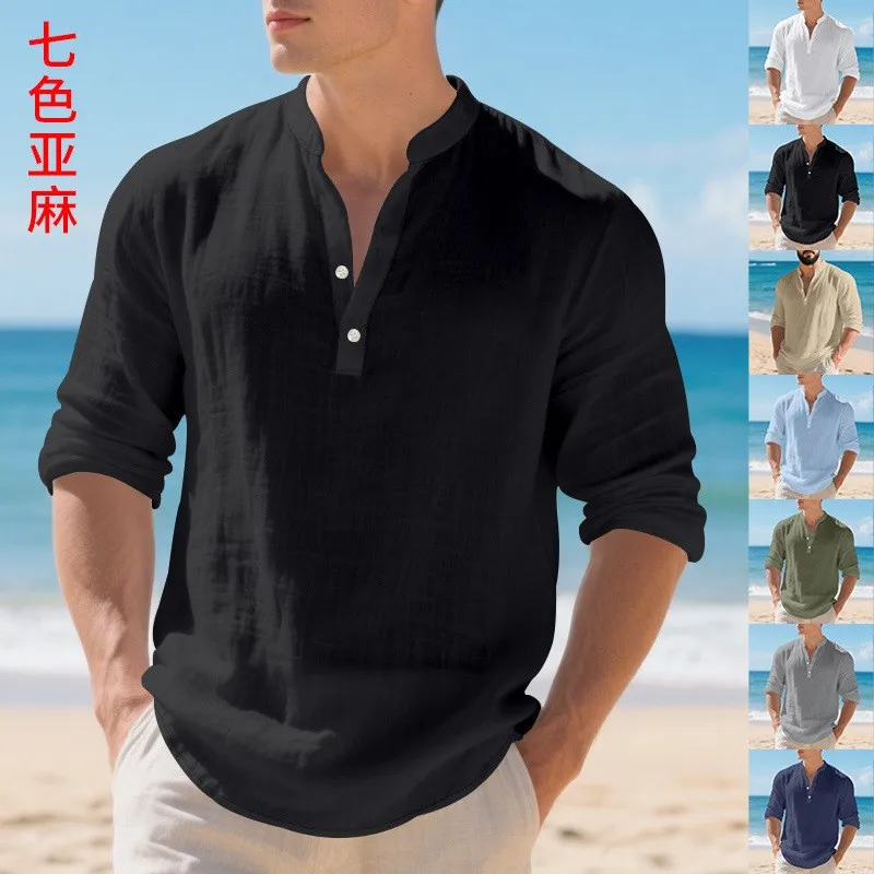 Casual Linen Blend Shirt Button Front V Neck Solid Color Loose Fit Long Sleeve Wrinkle Free Beachwear Black Navy Olive Green