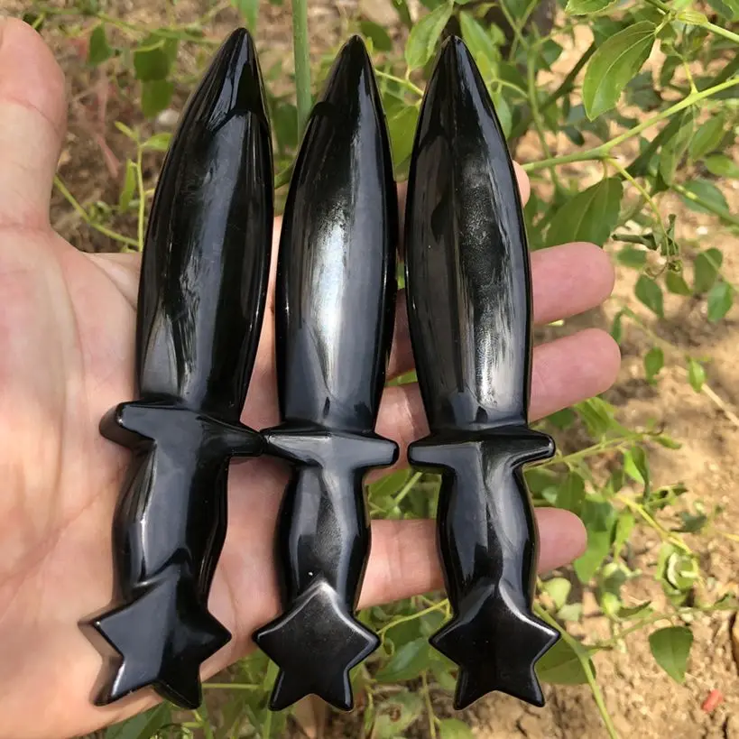 Natural Obsidian Dagger Healing Crystal Protection Stone Carved Heart Knife Crafts Men Gifts Magic Talisman Sword Witch Supplies