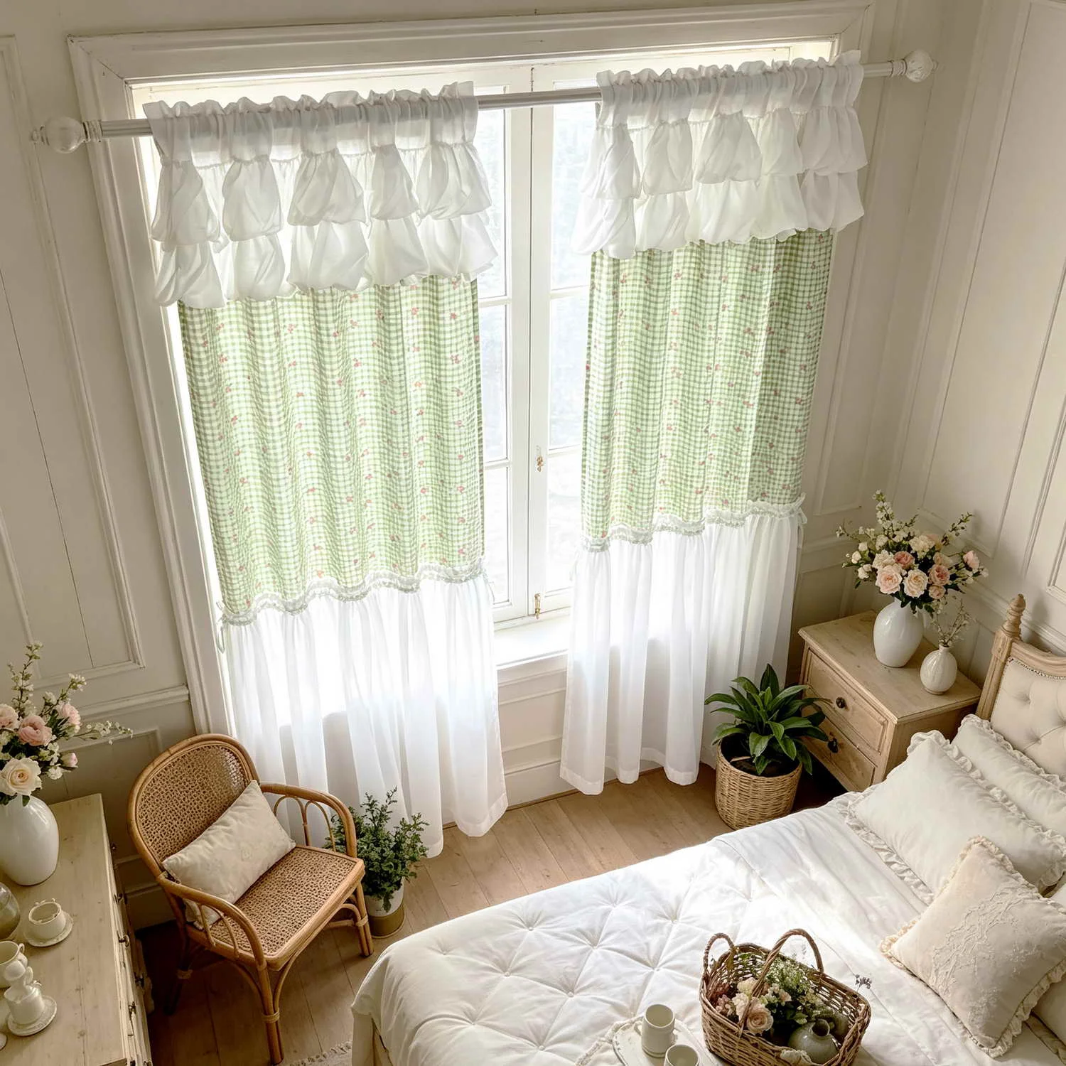 1PC French Bubble Ruffled Double Valance Curtain, Green Lattice Bows Pattern, Sheer Window Drape for Living Room, Kitchen Blinds
