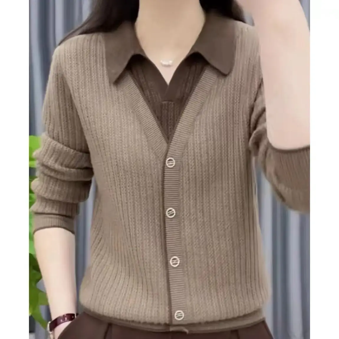 

Two Lapel Knitted Sweater 2025 New Long-sleeved Stacked Wear Foreign Pullover Outside Wear Bottom Sweater Versatile Top