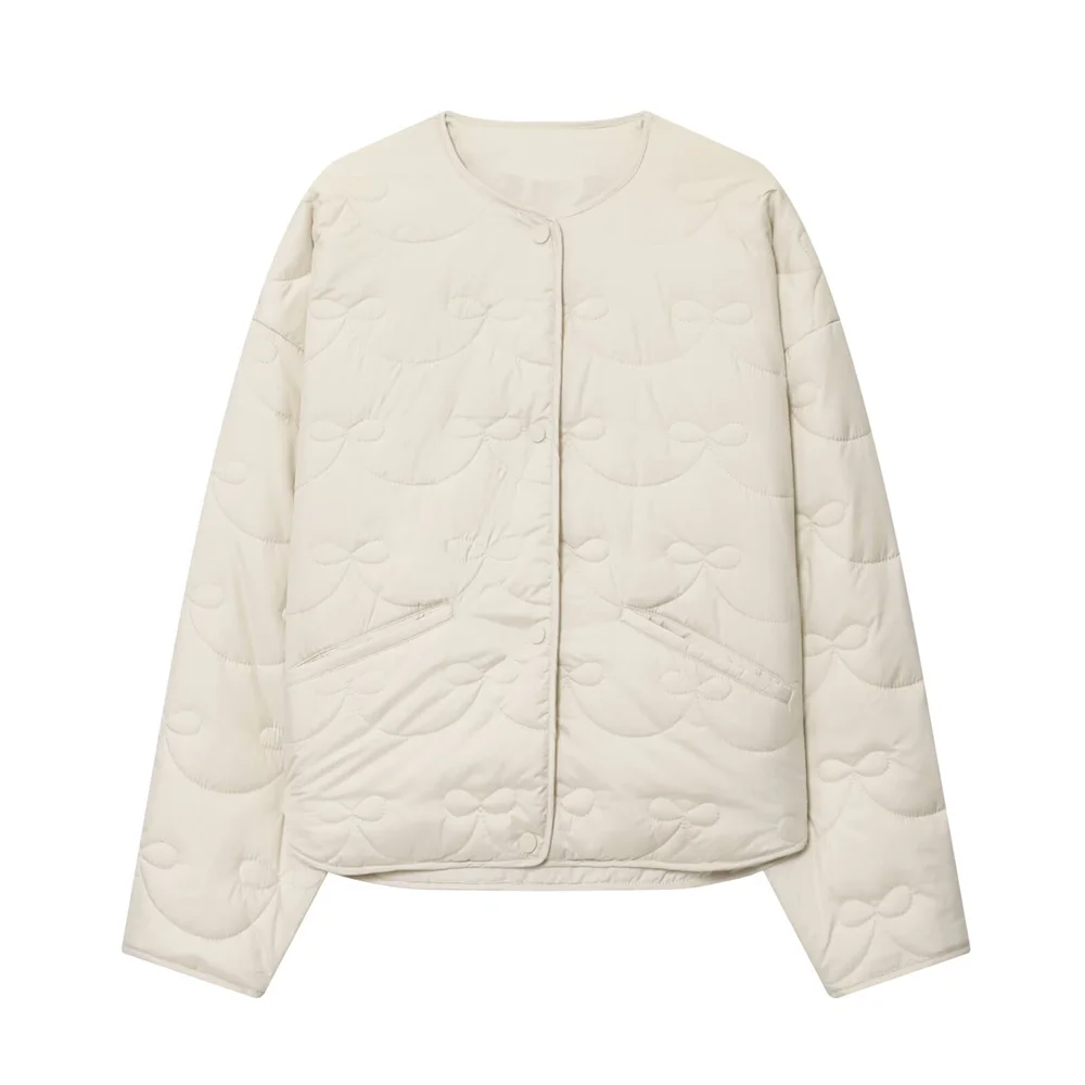 New autumn and winter women's fashion loose casual round neck long sleeved butterfly knot quilted jacket