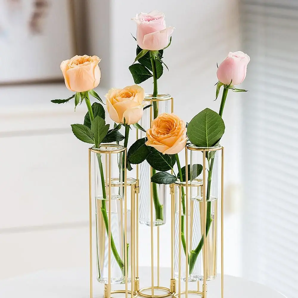 Creative Glass Vase  Hinged Metal Stand Hanging Flower Holder Tube Vase Party Wedding Decor Home Decoration Garden Supplies