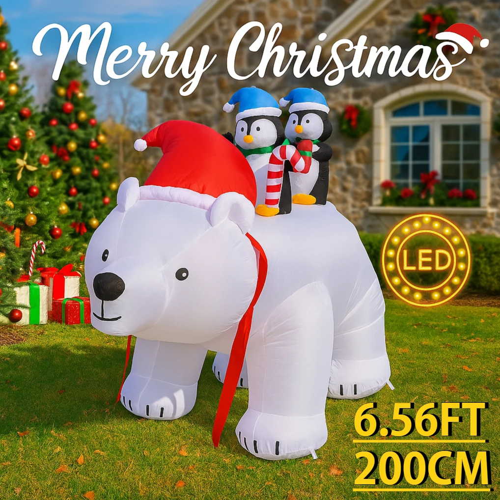 Jouet gonflable géant de noël de 6,56 pieds, ours, pingouins, lumières LED, décoration extérieure festive pour fête dans la cour, vacances en famille