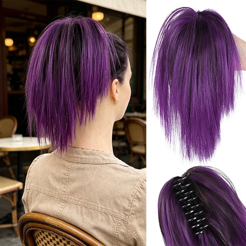 

Synthetic ponytail 12 inch short style messy grab clip ponytail colorful dyed fluffy ponytail suitable for daily party occasions