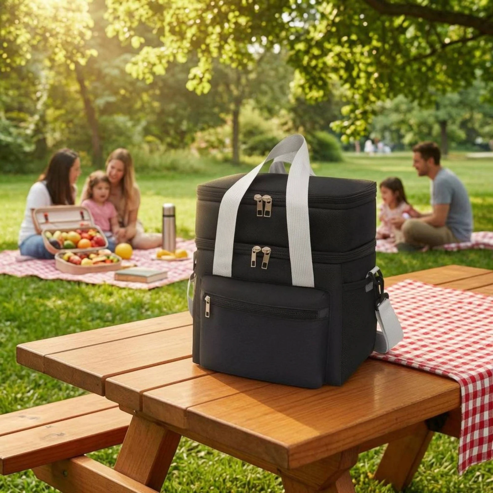 

Insulated Lunch Bag Zipper Closure Double-Layer Lunch Bag Food Carrier Side Mesh Pockets Reusable