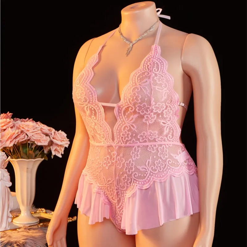 Plus Size 1XL-4XL Teddy perspective Sexy Lingerie Women Crotchless Deep V Lace Hollow Bodysuit Underwear Set Erotic Costumes view 3