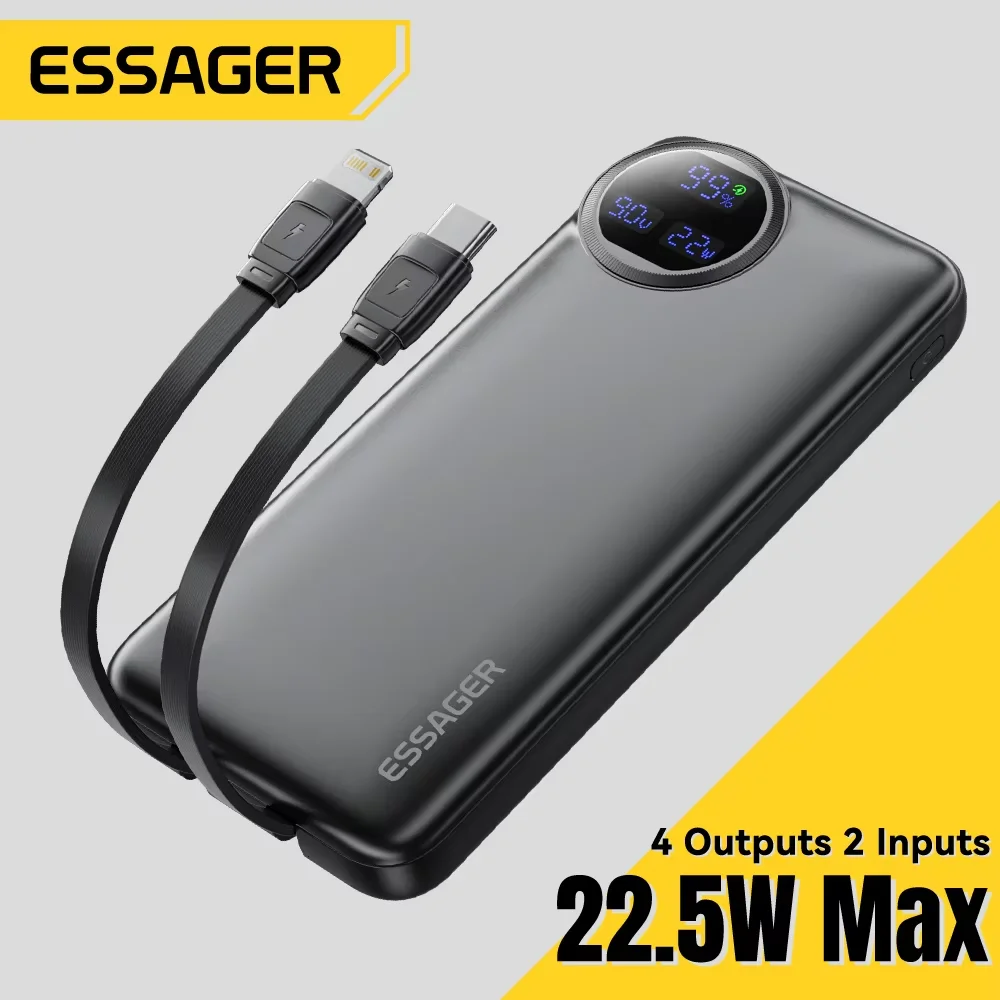 Essager 20000mAh Portable Power Bank With 2 Cables 22.5W Digital Display Powerbank For iPhone 15 14 Samsung Huawei Power Bank