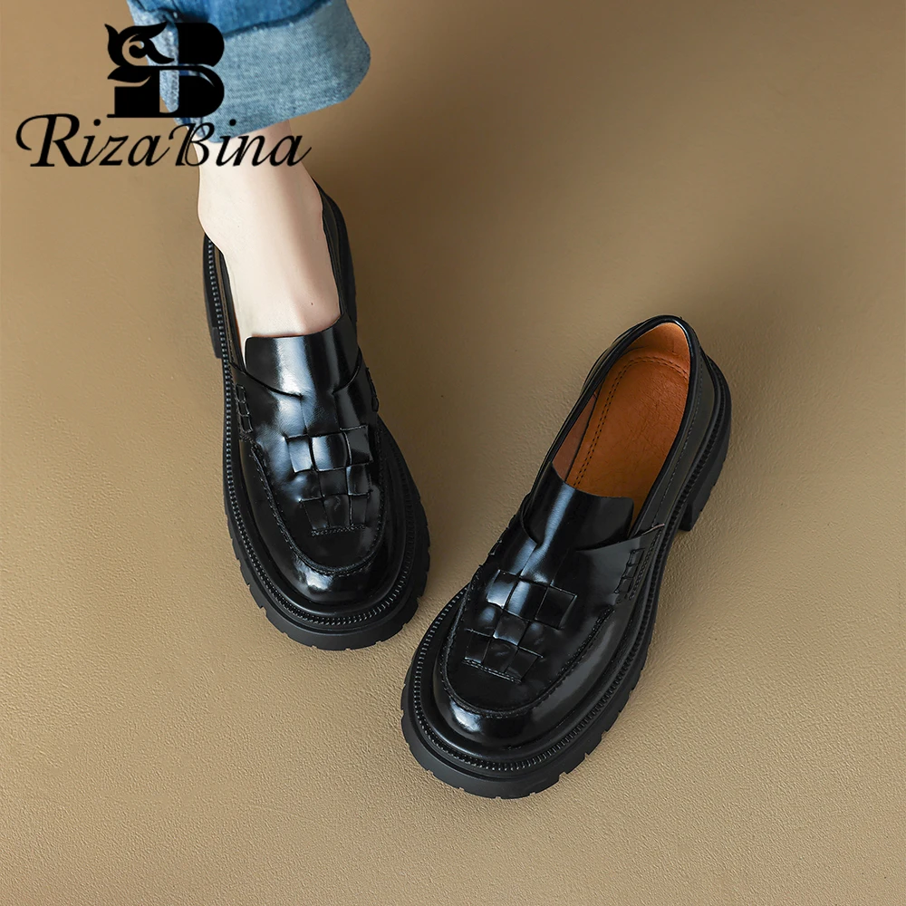 

RIZABINA Genuine Leather Women Loafers Shoes Slip On Spring New Thick Bottom Shoes Female British Style Daily Casual Footwear