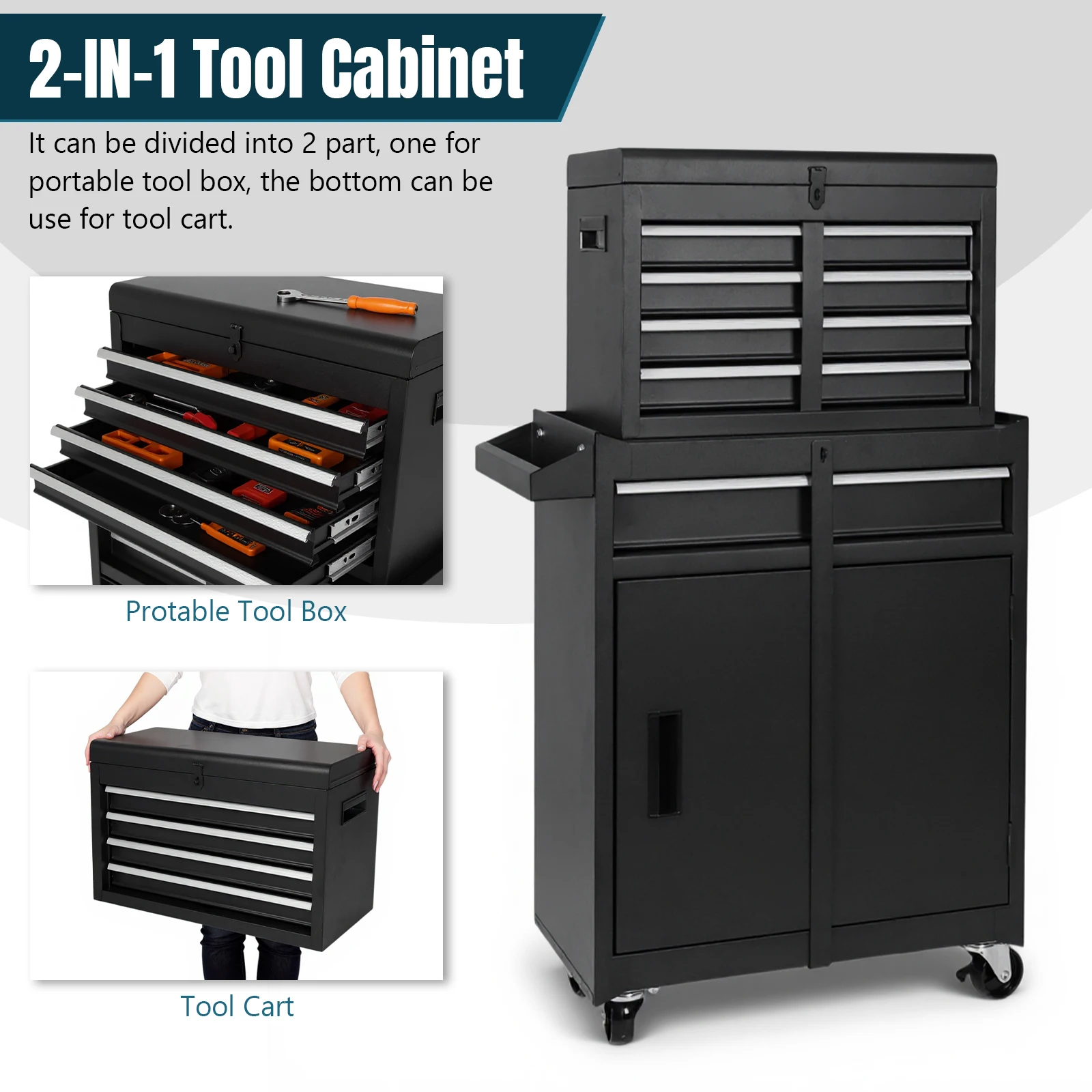 Caja de herramientas desmontable grande con puertas dobles y ruedas, cajones deslizantes, cofre de herramientas, gabinetes de almacenamiento de piezas para uso en almacén de fábrica