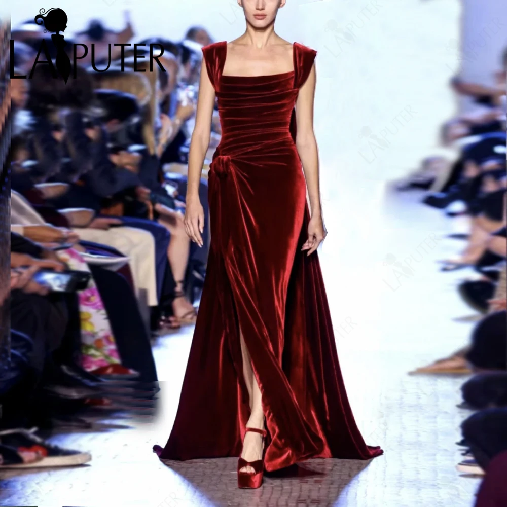 Dark Red Velvet Prom Dresses High-end Wide Shoulder Straps Ruched Bodice Evening Gowns Open Split Sweep Train Celebrity Dress