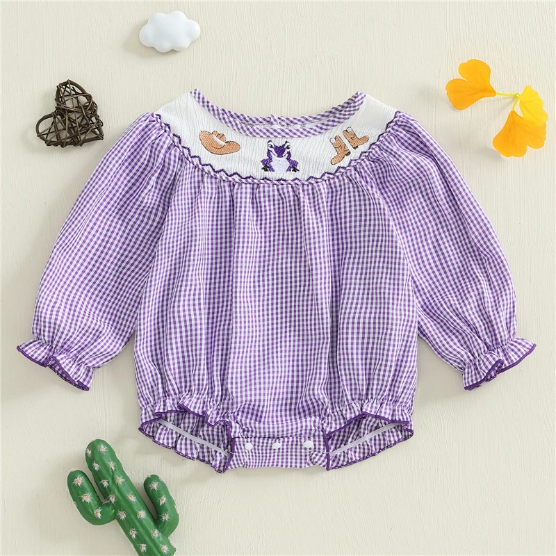 

Baby Rompers Autumn Newborn Baby Clothes For Girls Long Sleeve Crew Neck Cowgirl Hat Embroidery Plaid Jumpsuit Baby Clothing