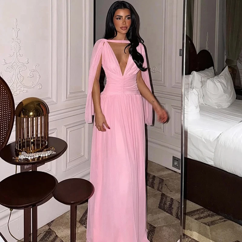 Robe de soirée Maxi en mousseline de soie, tenue de bal trapèze, Double col en v, arabie saoudite, pour occasions formelles, personnalisée, 2026