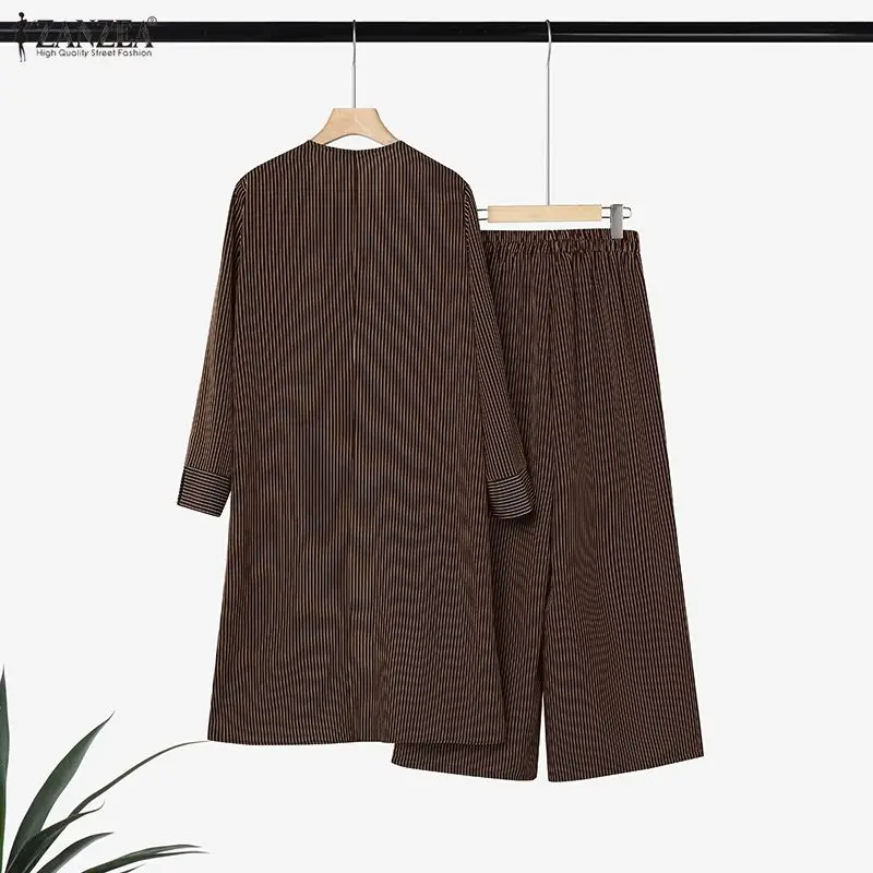 ZANZEA Muslim Modest Matching Pant Sets Women Striped Long Shirt & Wide Leg Pant 2 Piece Suits Loose Islamic Hijabis Outfits