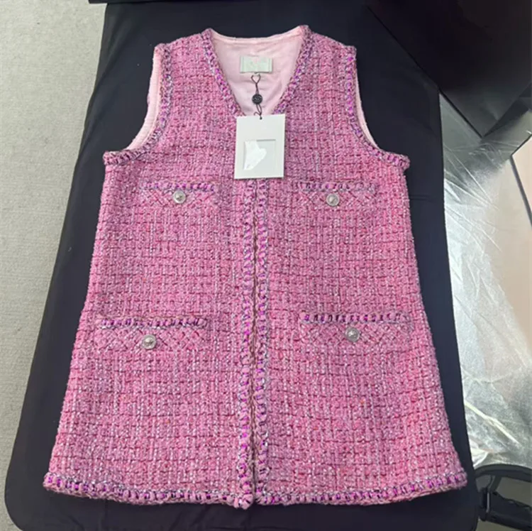 Customization European women's clothing - new summer styles for 2026 Sleeveless pocket tweed Jacket waistcoat Dress set
