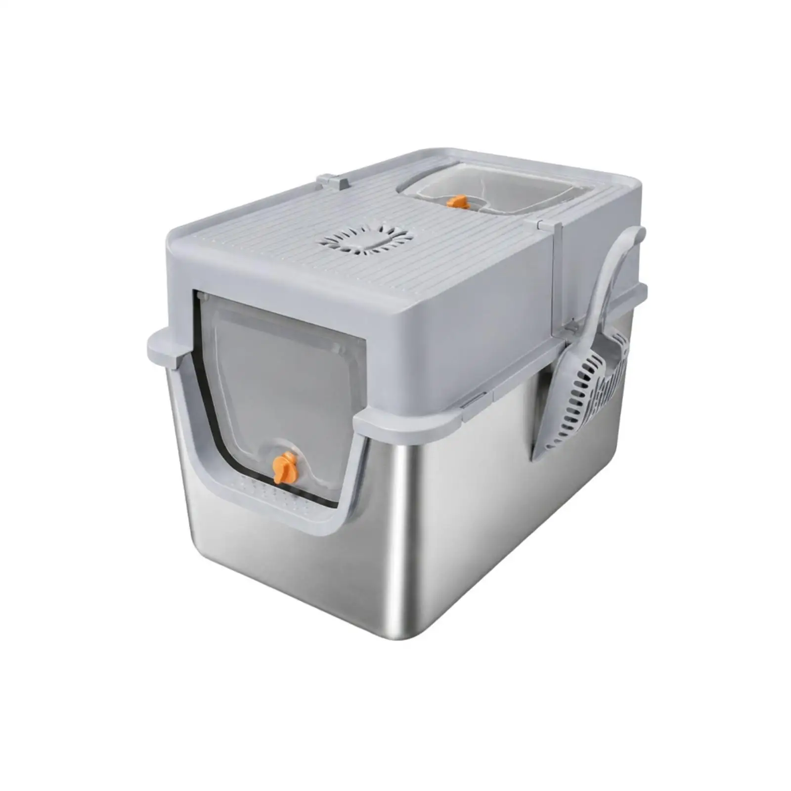 XL Stainless Steel Cat Toilet with Top Cover and Swing Gate for Odor Control and Mess Prevention