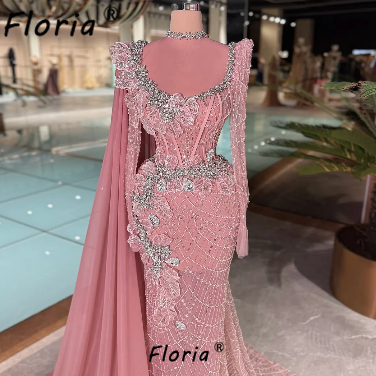 

Luxury Pink Mermaid Wedding Dress with Cape Crystal 3D Flowers Woman Formal Party Dresses Beads Evening Dinner Party Gowns 2026