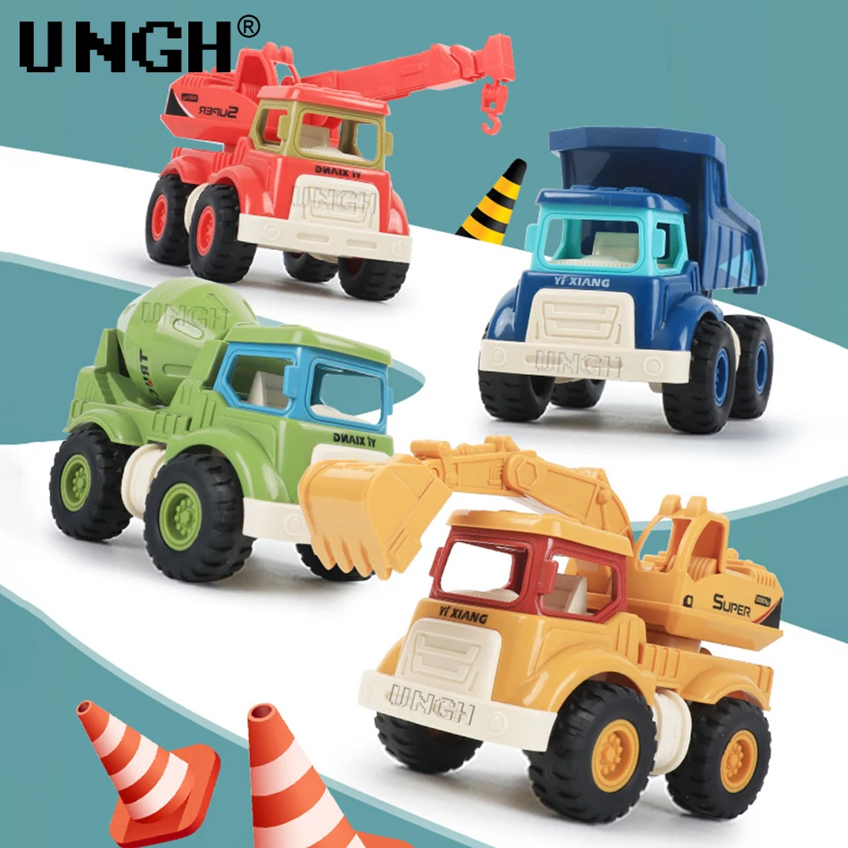 UNGH 4 pz/set Cute Engineering Diecast Car Crane escavatore Dump Mixer Truck inerziale Vehicle Toys for Children