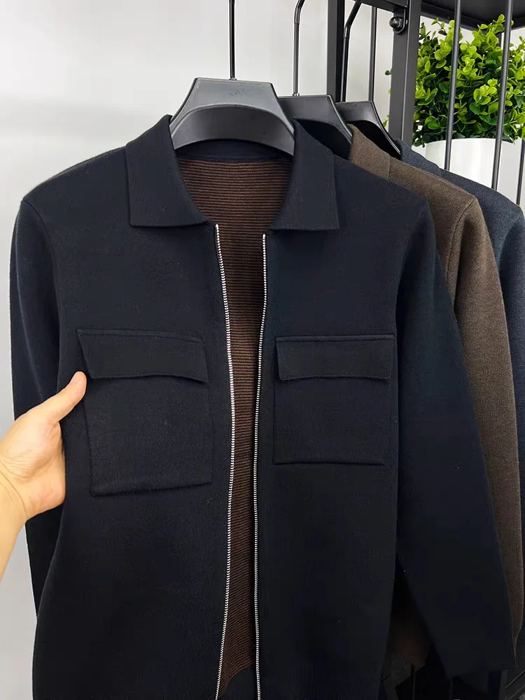 Męski kardigan z wełny z wysokiej jakości zamkiem błyskawicznym, luksusowy płaszcz na jesień/zimę z kieszeniami, jednolity kolor, ciepła kurtka swetrowa na co dzień.