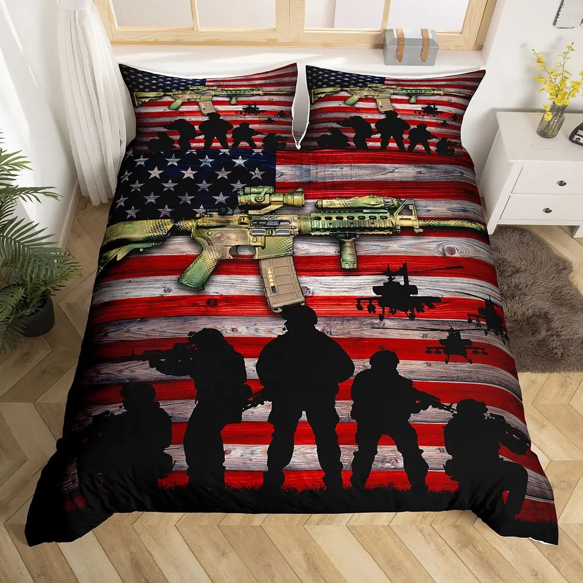 Soldier Duvet Cover Set Army Rifle Machine Gun Bedding Set For Boys Under Mission Army Bedclothes Military Quilt Cover