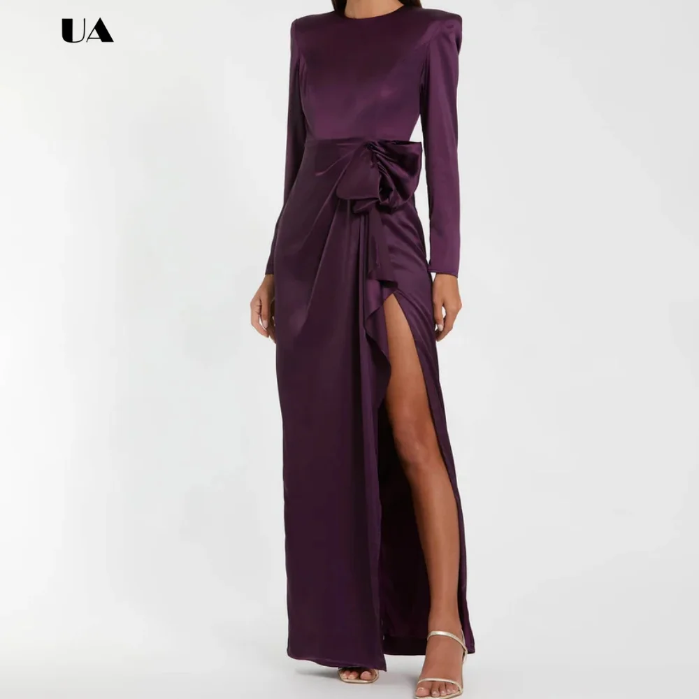 Vestido de fiesta de columna drapeado simple con hombro regular, vestido de noche personalizado de satén, vestido de fiesta sólido con lazo estructurado