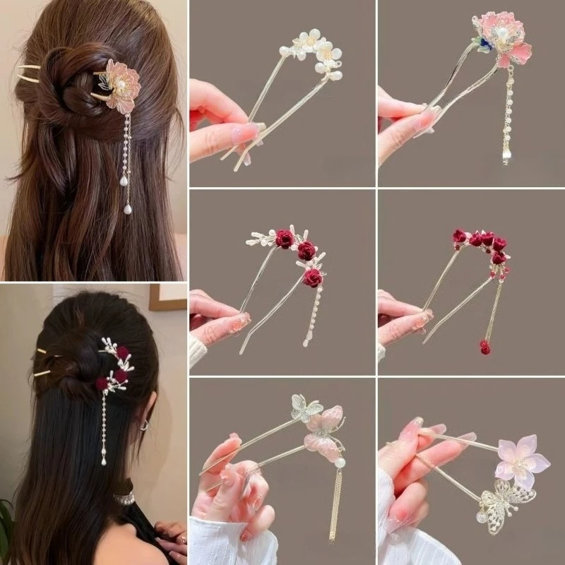 دبوس شعر مهدب جديد على الطراز الصيني، دبوس شعر راقي، دبوس شعر على شكل زهرة مشي مهدب على الطراز القديم. #1