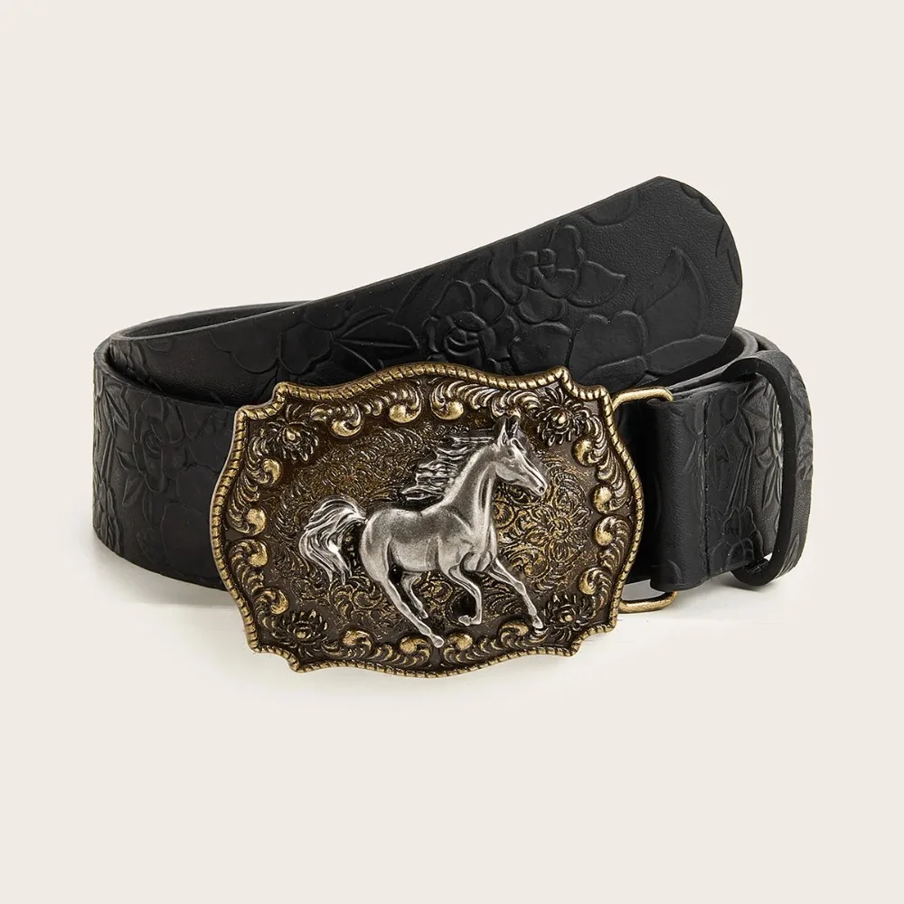 Fashion Y2K Punk Rock Belt Hip Hop Harajuku Horse Head Buckle Belt Leather Embossed Belt