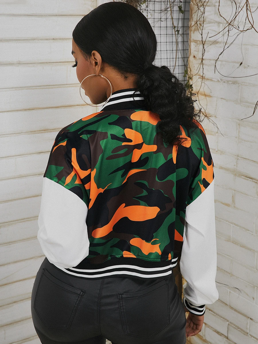 LW baseball Jacket coat Camo Print Patchwork Jacket Loose Fashion Baseball Uniform Outdoor Biker Travel Coat women\'s Jacket