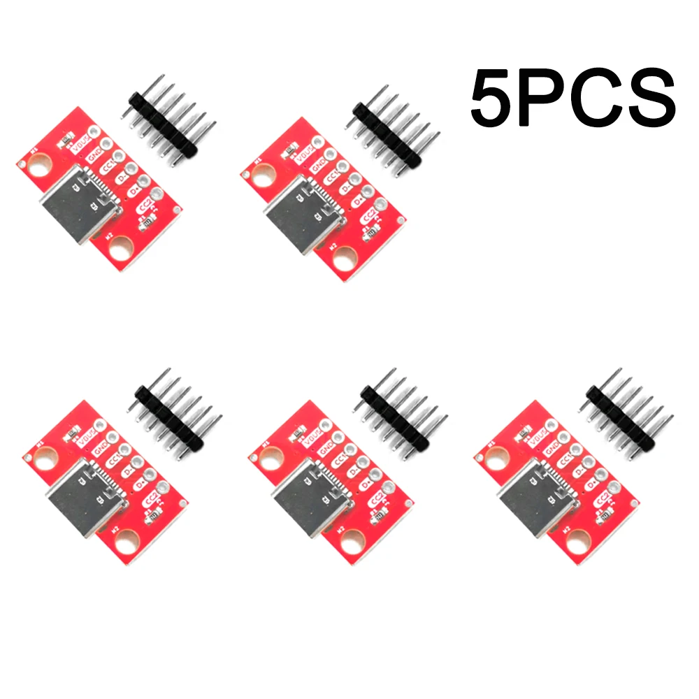 Placa de conector USB tipo C 3.1 Serial Basic Breakout, Conector fêmea Breakout Board, Placa adaptadora vermelha com agulhas de linha, 5pcs