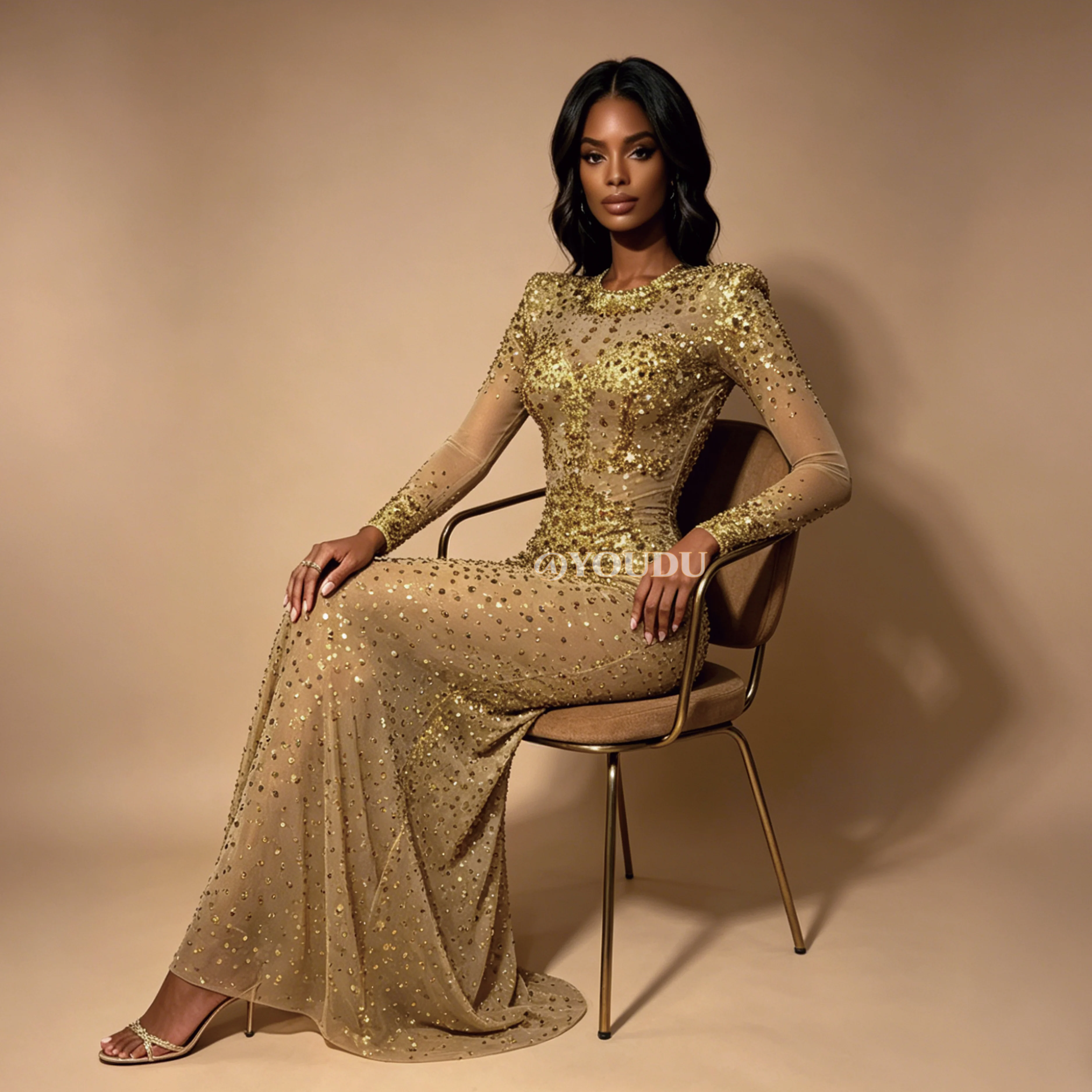 Luxurious Twinkling Gold Rhinestones Mesh Gown Long sleeves Dress Women Evening Party Exquisite Gown Fashion Show Outfit Kafeido