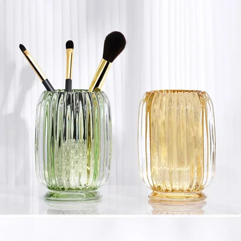 

Cylinder Bucket Desktop Storage Box Transparent Glass Storage Light Luxury Striped High Beauty Pen Holder Hydroponic Vase
