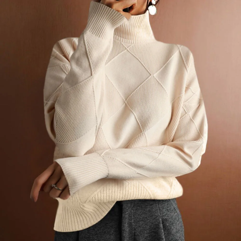 Autumn And Winter Cross-border New Leisure Joker Sweater Loose High-necked Warm Fashion  Solid Color Knitted Pullover Top Woman.