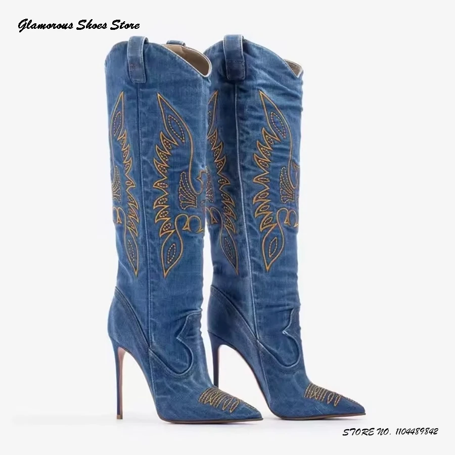 

Denim Blue Embroidery Cowboy Booties Women's Pointed Toe Thin High Heels Ankle Boots Spring Autumn Runway Pull On Modern Boots