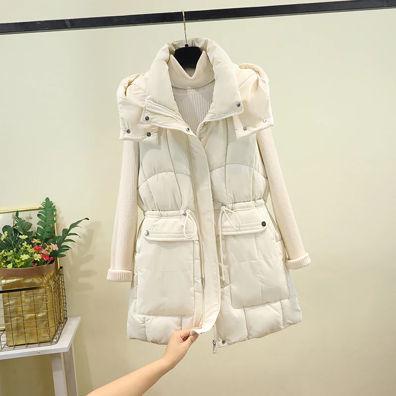 

Хлопковый жилет Thiened, женская верхняя одежда средней длины с завязками на талии, утягивающий силуэт, съемная кепка для поездок на работу, полиэфирное волокно