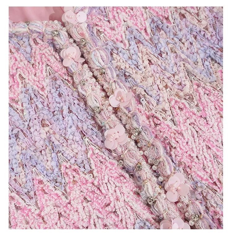 Pista designer feminino tweed vestido 2025 ol rosa pequeno perfumado lã lantejoulas pérola floral de manga curta solto vestido reto