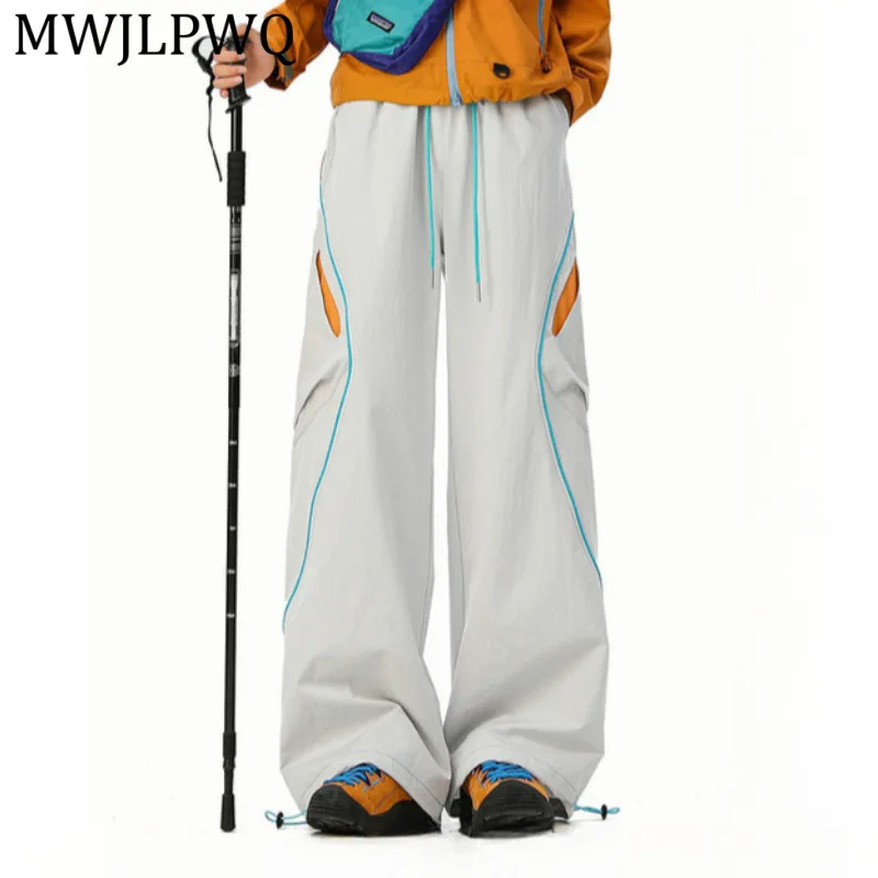 

MWJLPWQ Grey Color Block Hiking Cargo Pants Men Swift Drawstring Leg Trousers Waterproof Outdoor Casual Streetwear Bottoms 15768