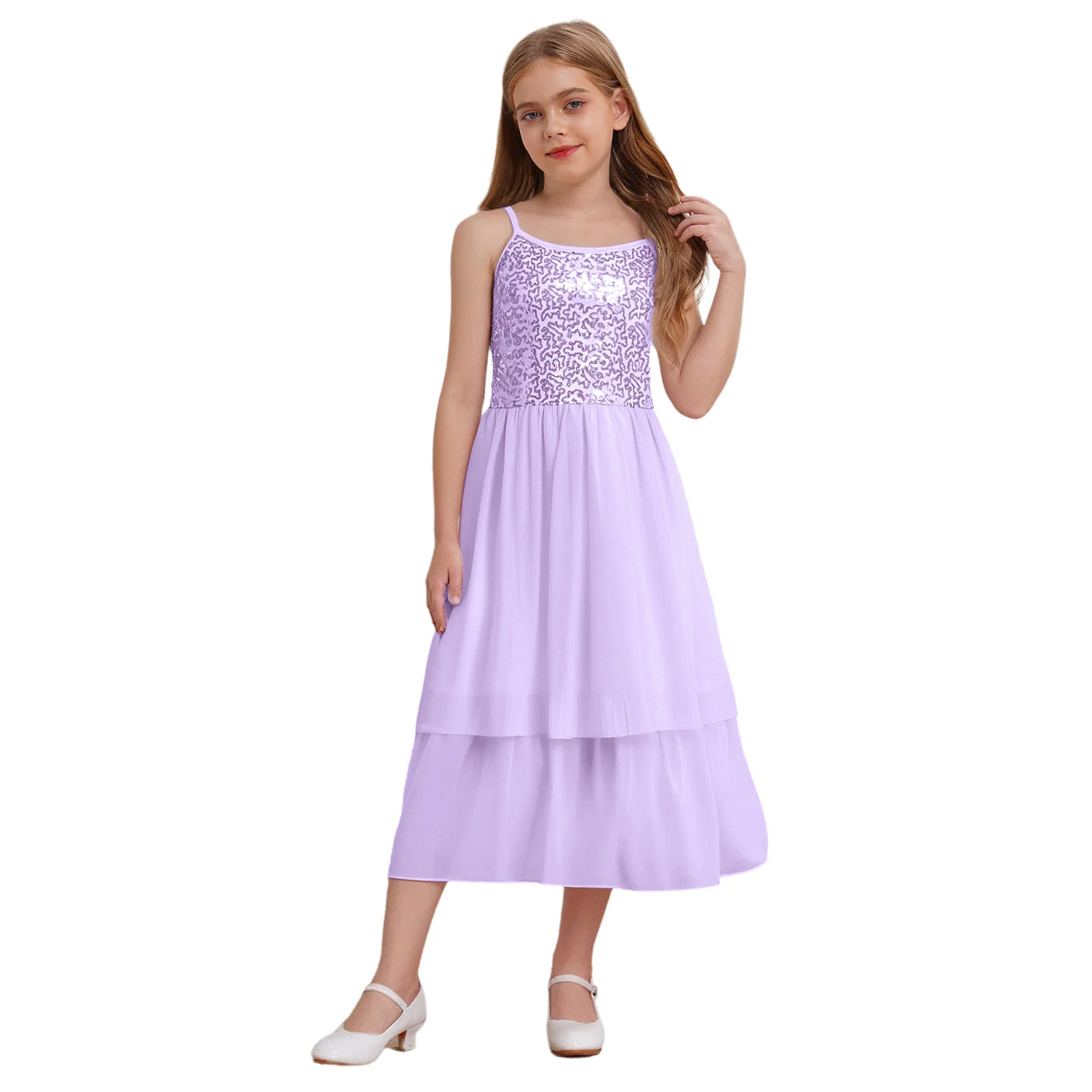 

Kids Girls Sweet Spaghetti Strap Dress Irregular Hemline Chiffon Dress Banquet Wedding Costume Sleeveless Sparkly Sequins Gown