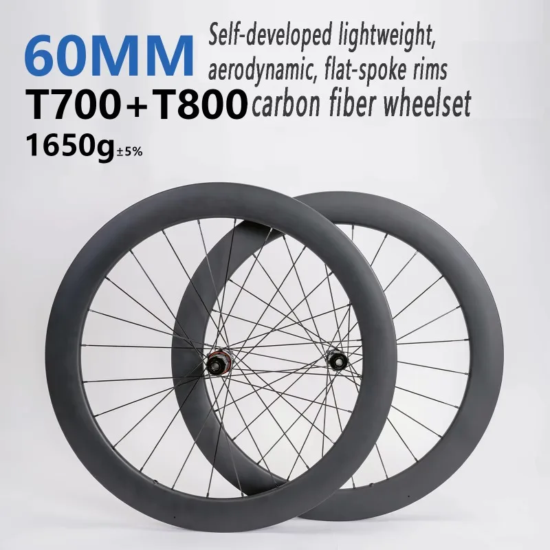 

T800 CARBON FIBER 60MM HEIGHT DISC BRAKE 24H SEALED 12MM THROUGH HUB 120 CLICKS TUBLESS READY 700C BICYCLE WHEELSET