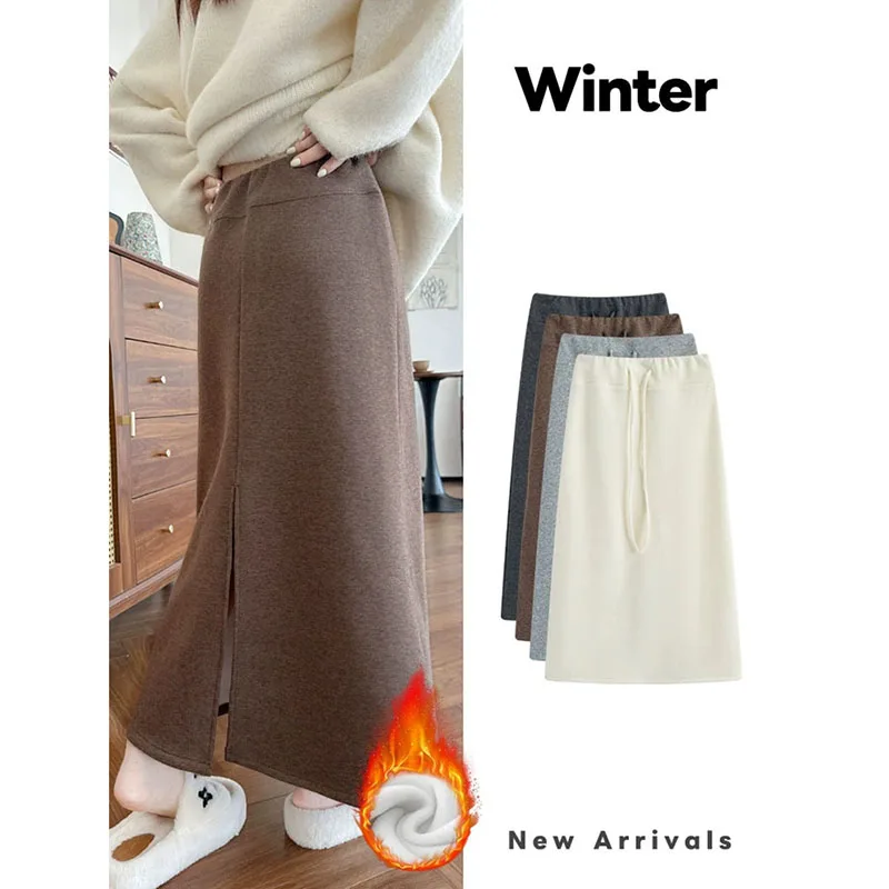 Autumn Winter Fleece Lined Warm Skirts Woman Vintage High Waisted Loose Split Midi Skirts New Versatile Thick Casual Long Skirt